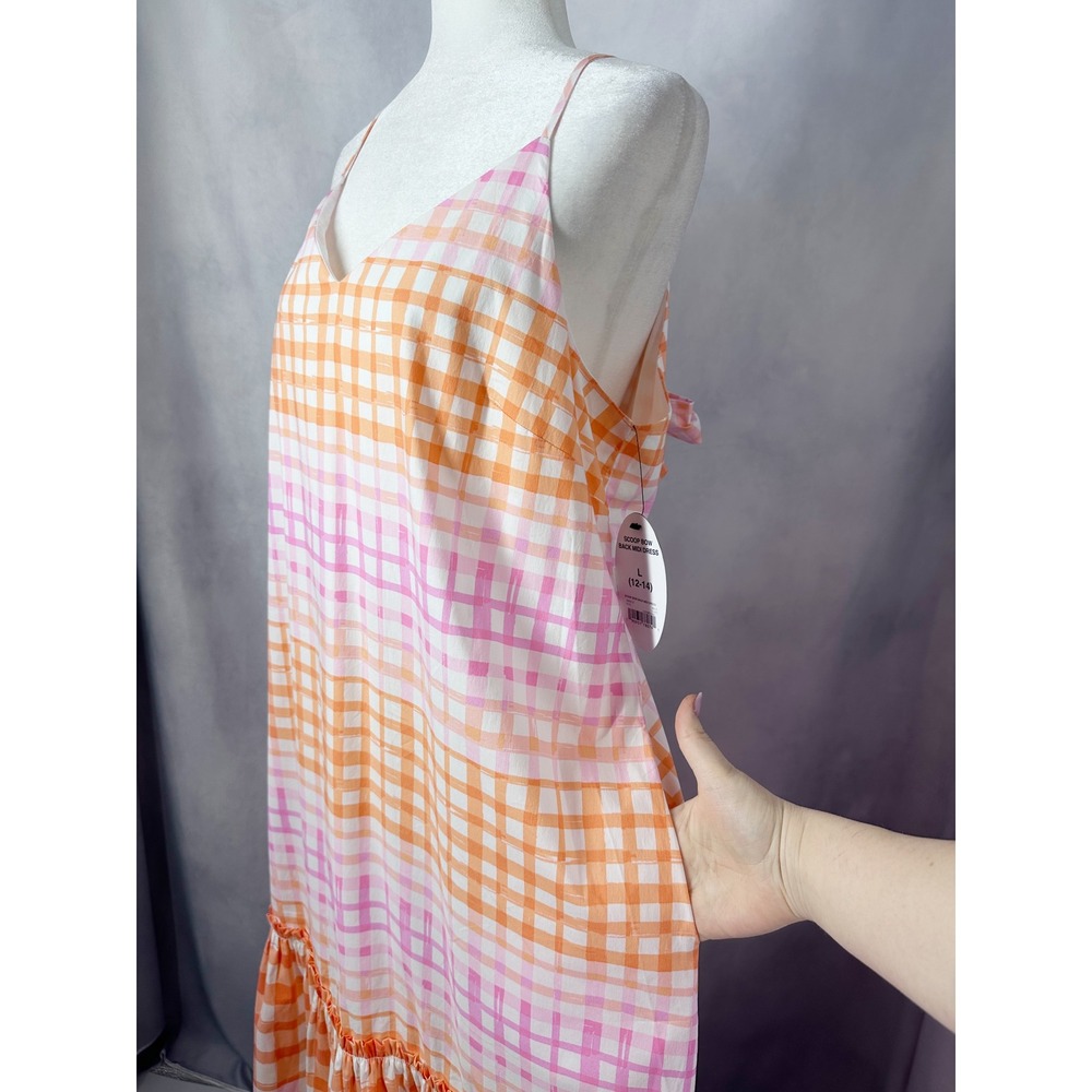 Scoop Cotton Sleeveless Gingham Tie Back Summer Midi Dress Women's Size Large - Picture 3 of 13